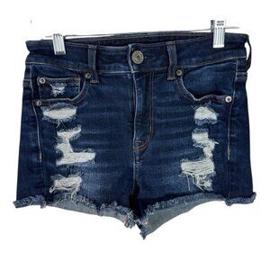 American Eagle Women's 0 Hi Rise Shortie Denim Shorts Stretch Blue Destroyed